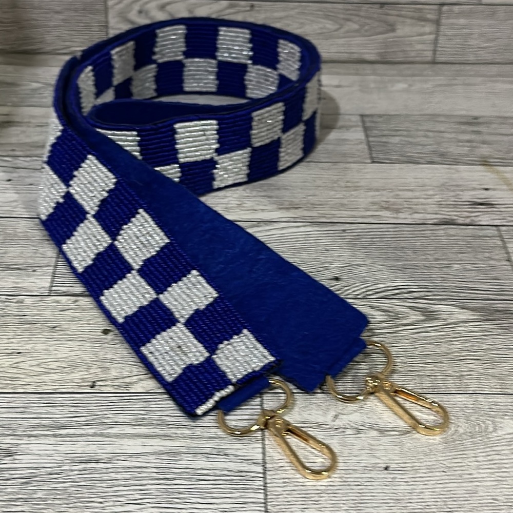 Blue white beaded checkered gold purse strap